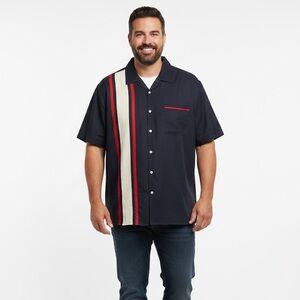 Men's Casual Navy and Red Striped Button Down Shirt